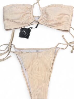 Zaful Cream Textured Bandeau Tie-Side Bikini Set